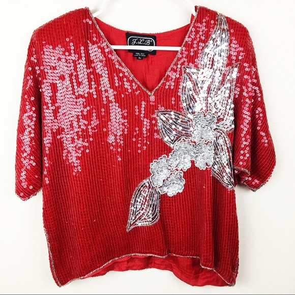 Vintage Tops - VINTAGE | J.L.B. Red Sequin 70s Glam 100% Silk